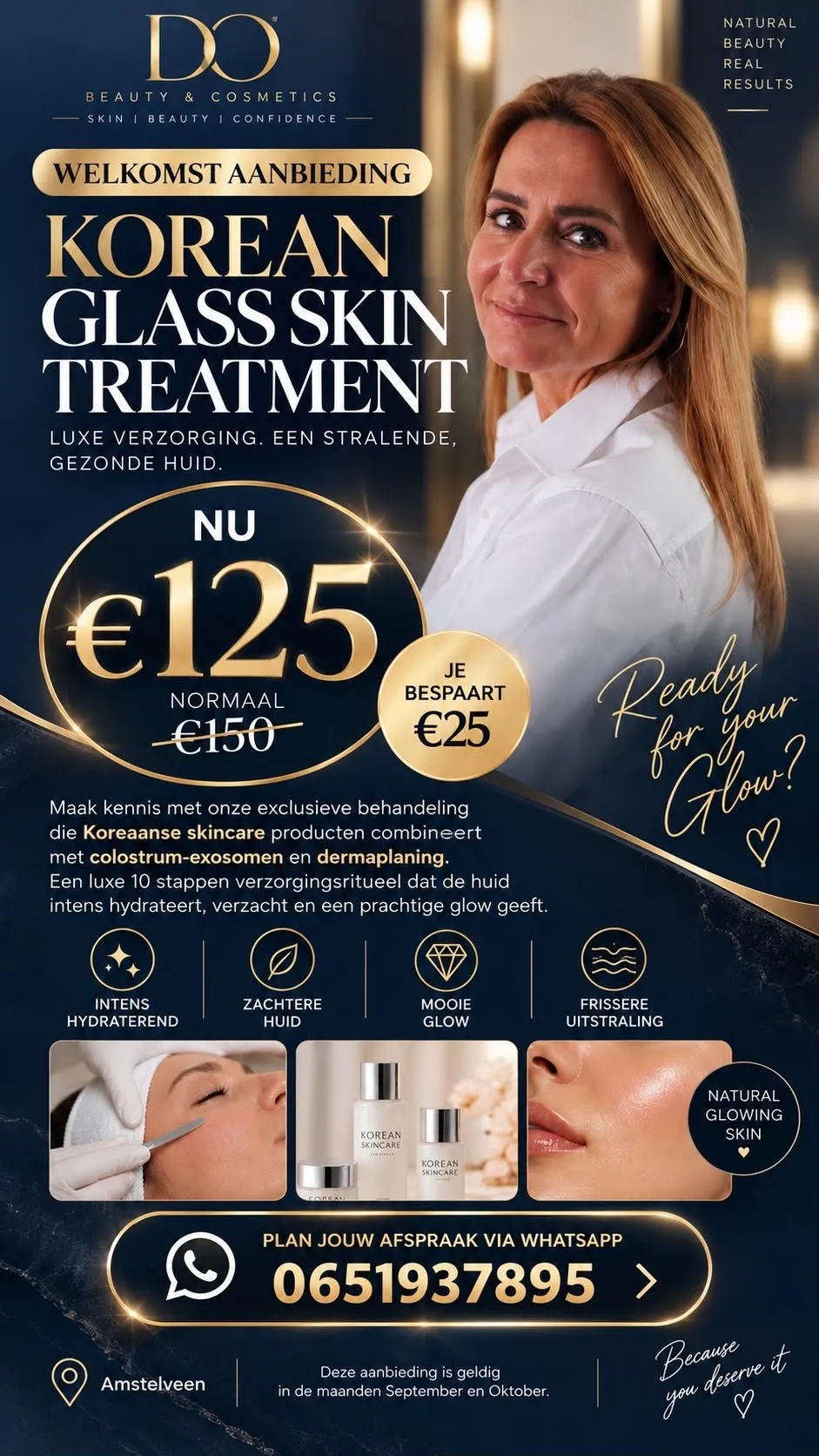 Flyer van de welkomstaanbieding: Korean Glass Skin Treatment nu € 125 in plaats van € 150, plan via WhatsApp 06 51937895